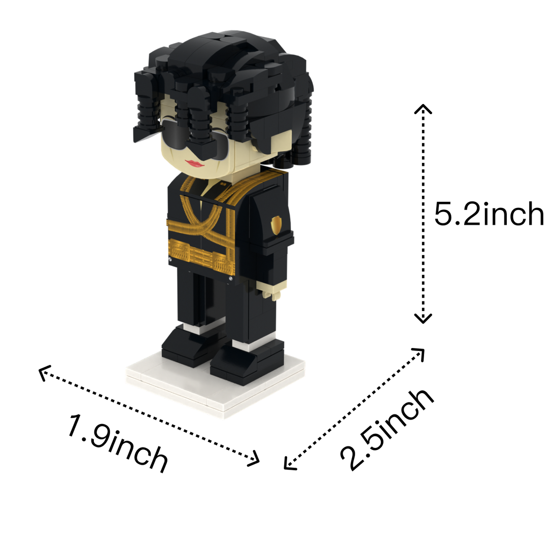Black Suit Dance Performer custom brick figure, size guide