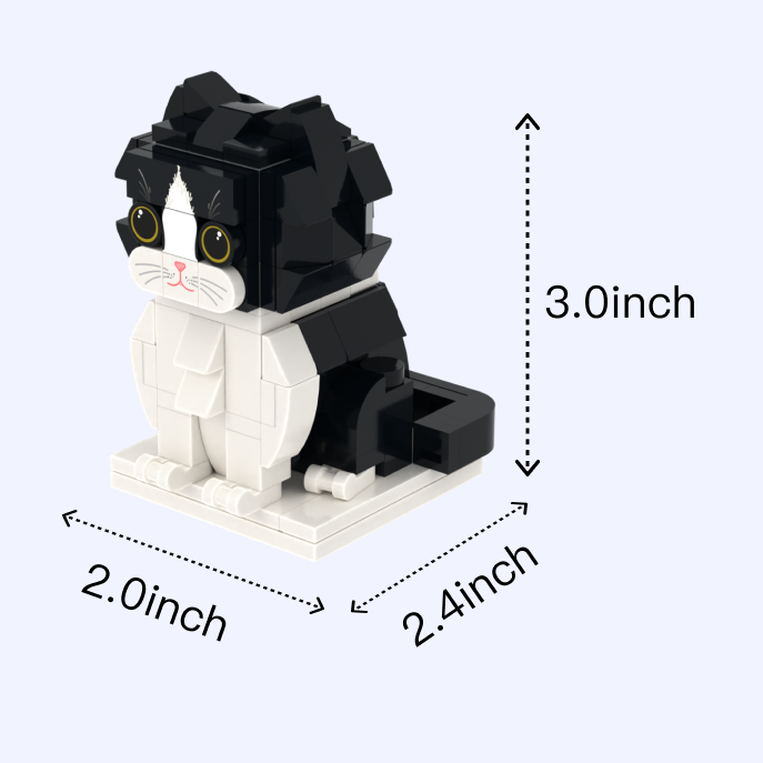 Black White Longhair cat brick figure, size guide
