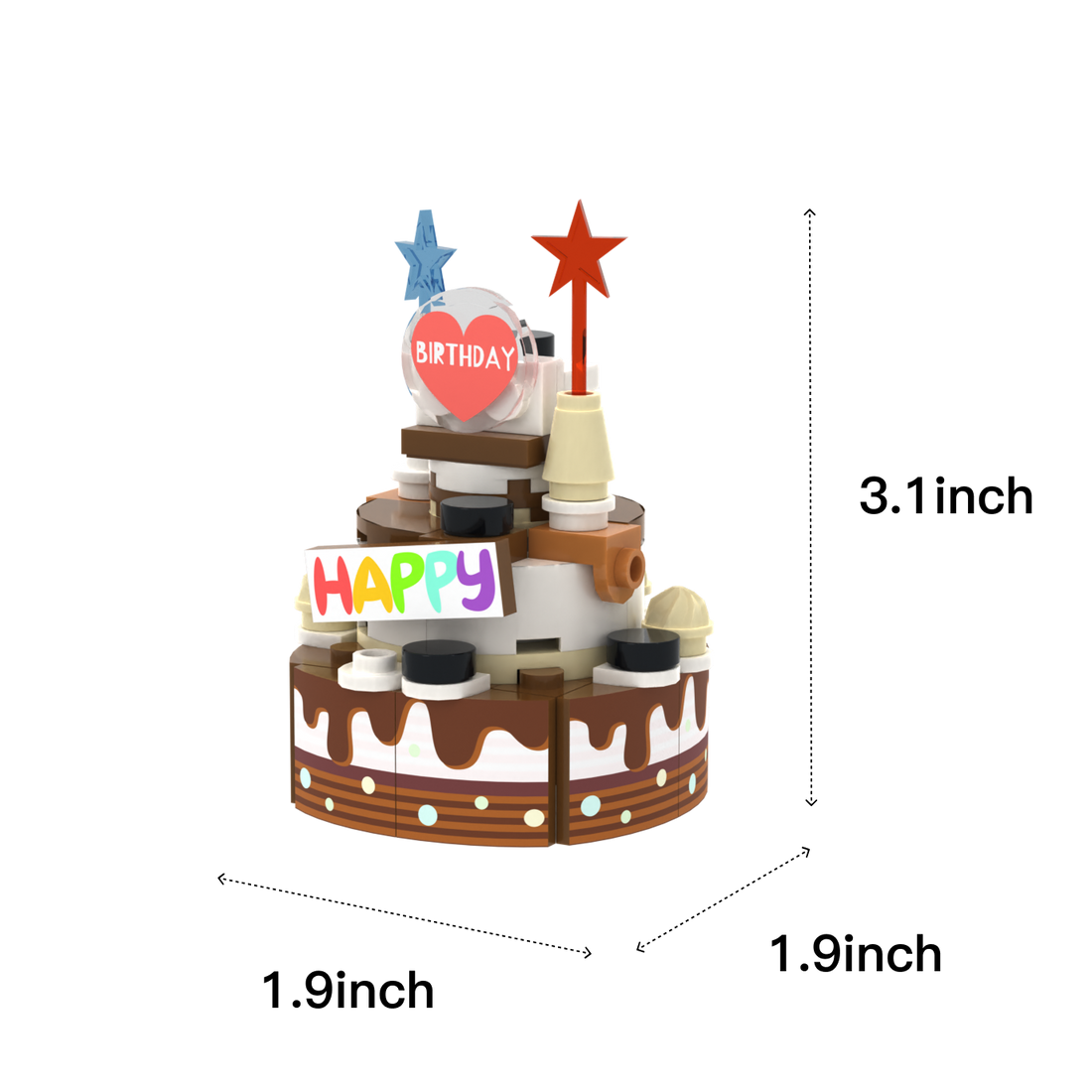 Chocolate Multi-layer Birthday Cake brick scene accessory, size guide