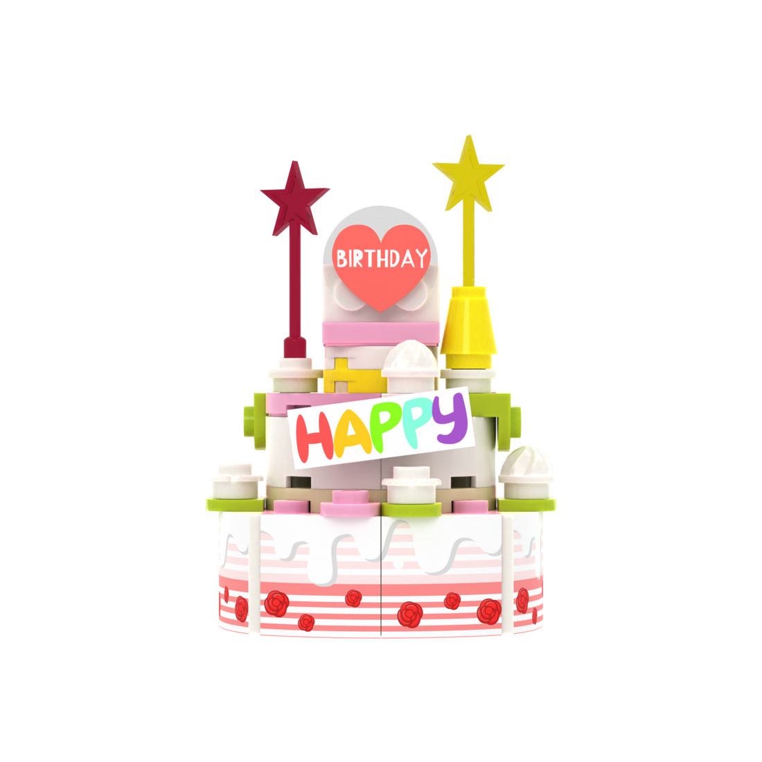 Pink-White Multi-layer Birthday Cake brick scene accessory, left-side view