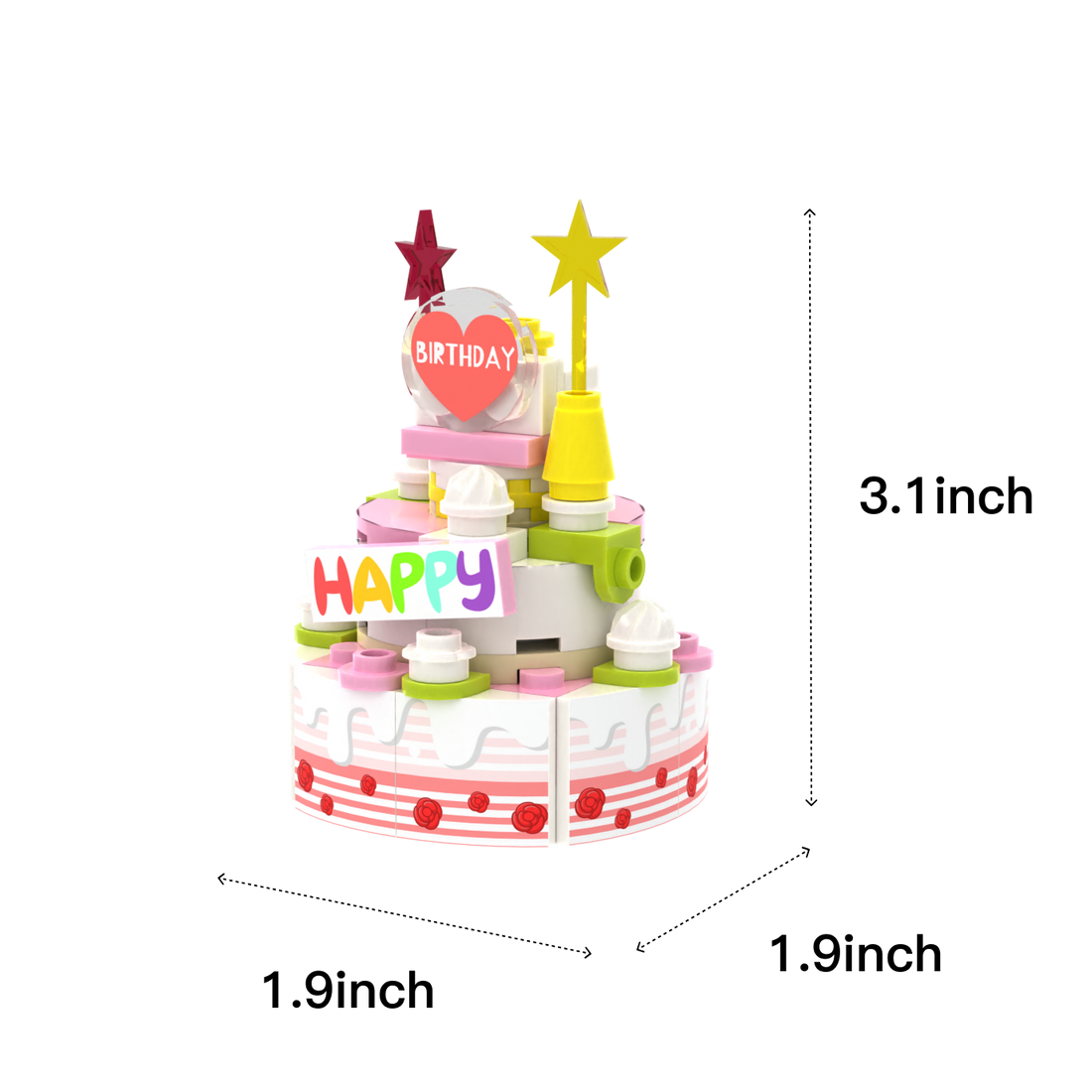 Pink-White Multi-layer Birthday Cake brick scene accessory, size guide
