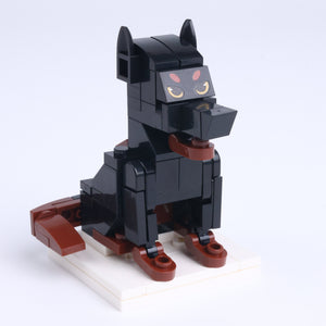 Black Doberman dog brick figure, left-side view