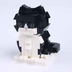 Black White Longhair cat brick figure, right-side view