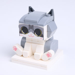 Gray White Cat Design 1 cat brick figure, right-side view