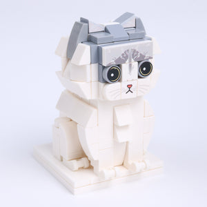 Gray White Longhair cat brick figure, left-side view