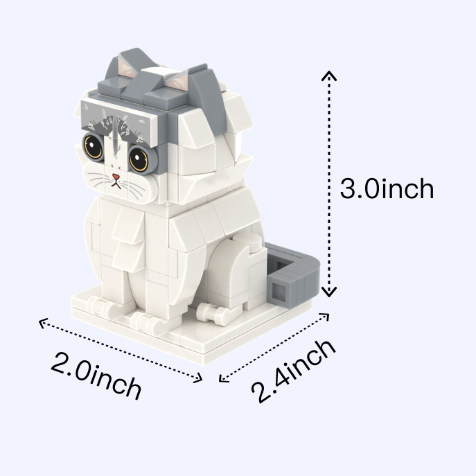 Gray White Longhair cat brick figure, size guide
