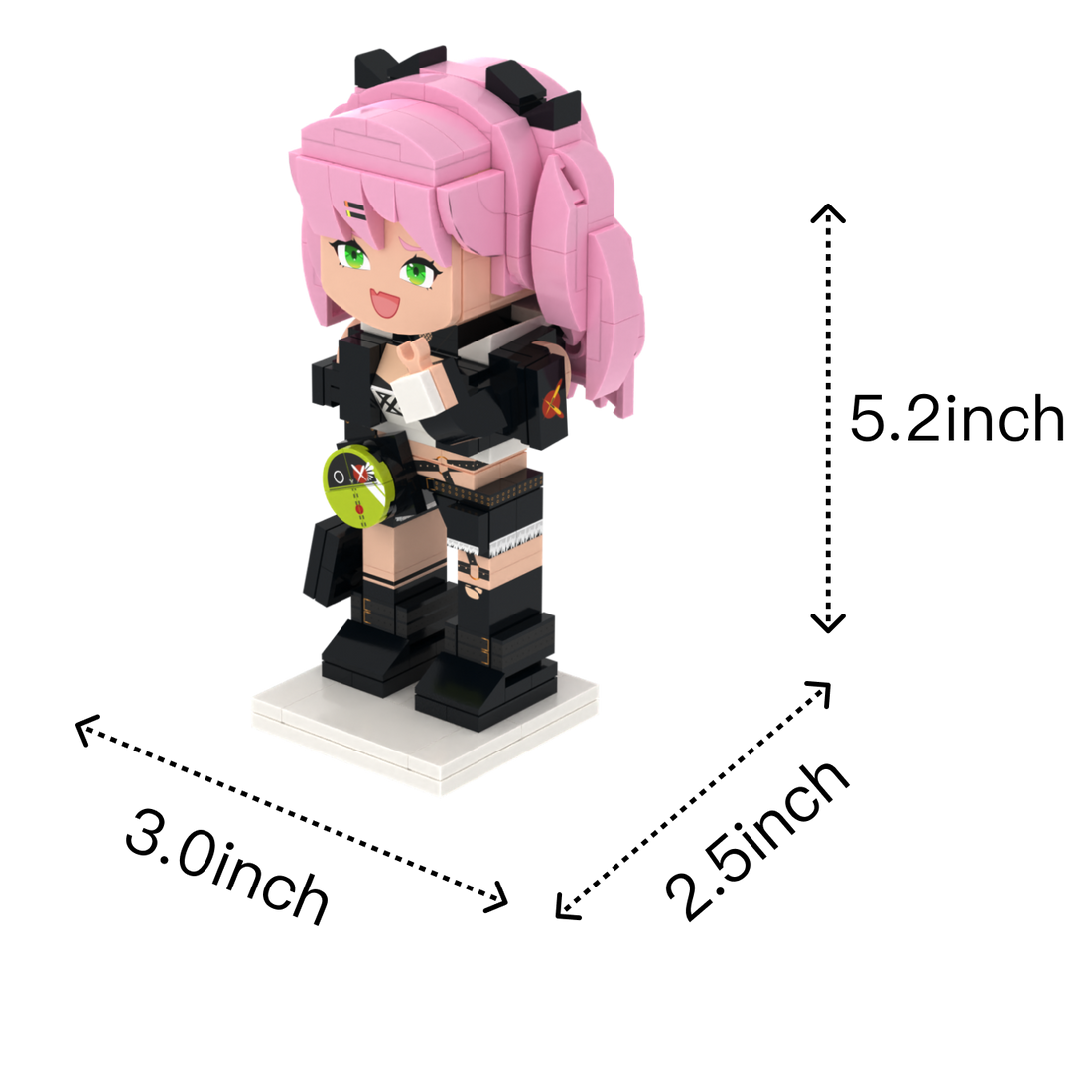 Pink Twin-Tails Girl custom brick figure, size guide