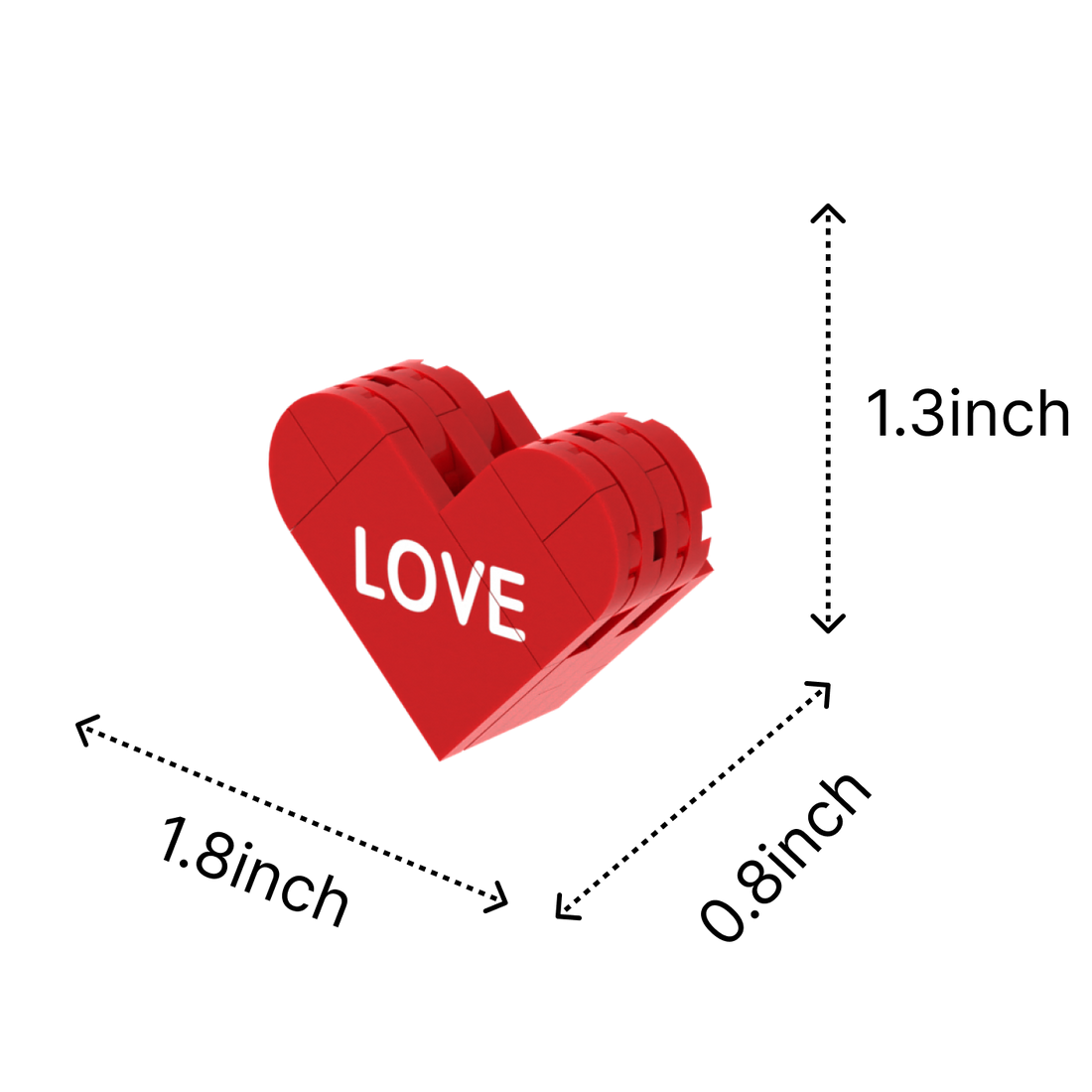 Red LOVE Heart brick figure accessory, size guide